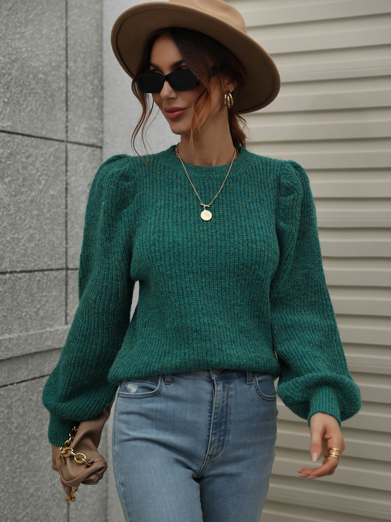 Heathered Lantern Sleeve Rib-Knit Sweater