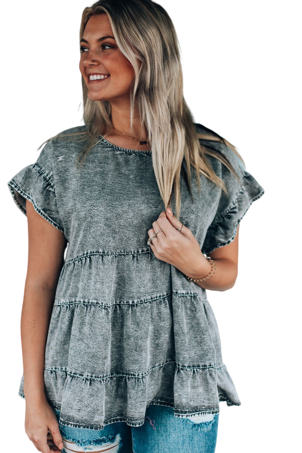 Flutter Sleeves Tiered Denim Top