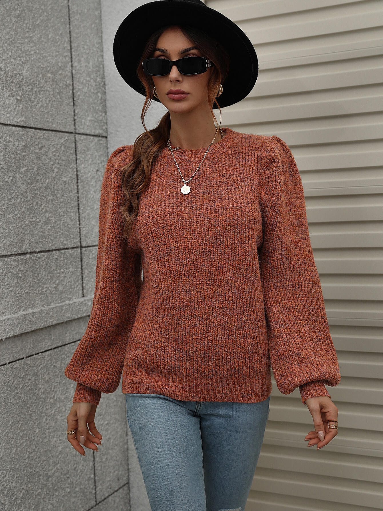 Heathered Lantern Sleeve Rib-Knit Sweater