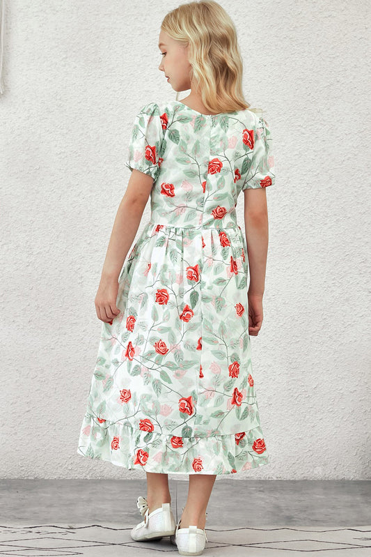 Girls Floral Puff Sleeve Ruffle Hem Dress