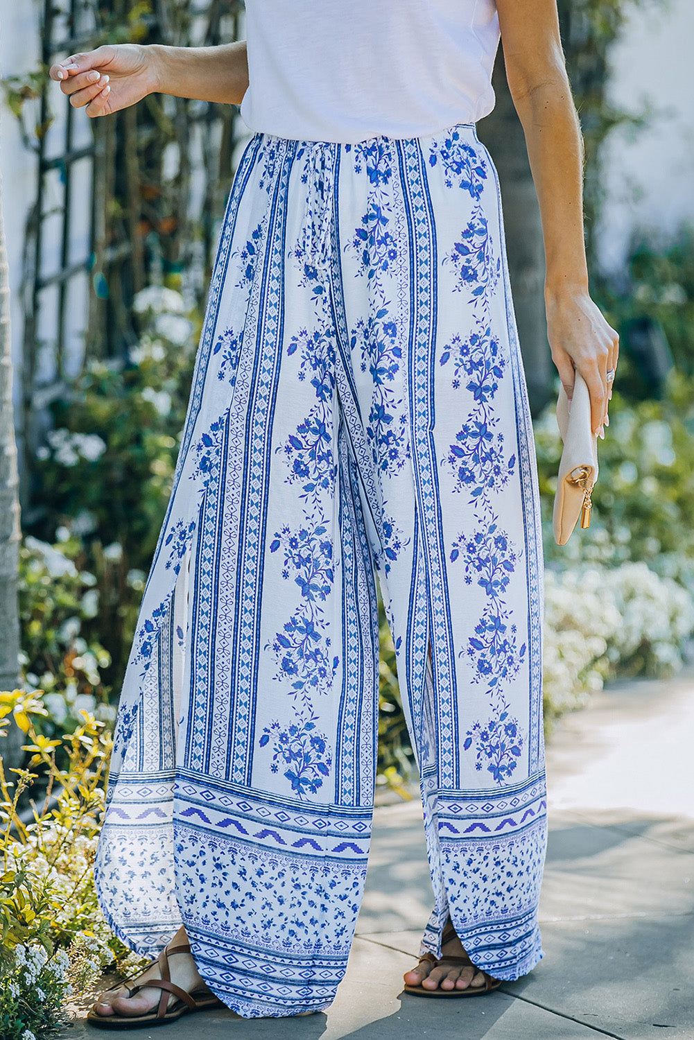 Bohemian Slit Drawstring Waist Palazzo Pants