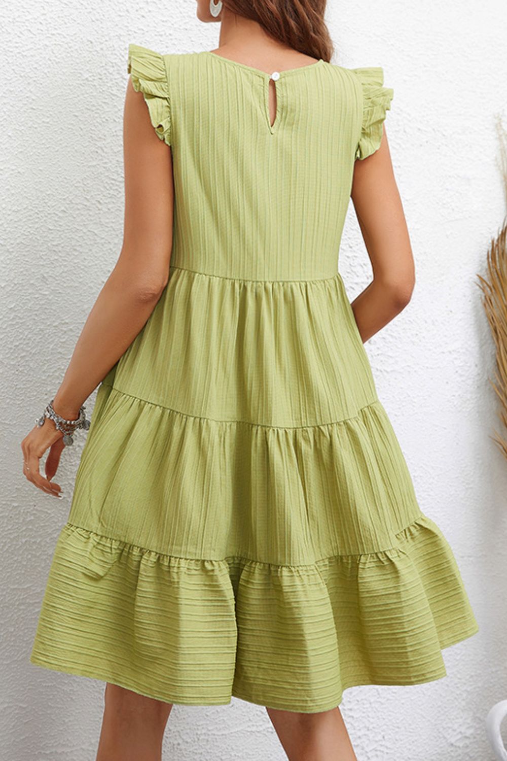 Textured Ruffle Trim Tiered Dress