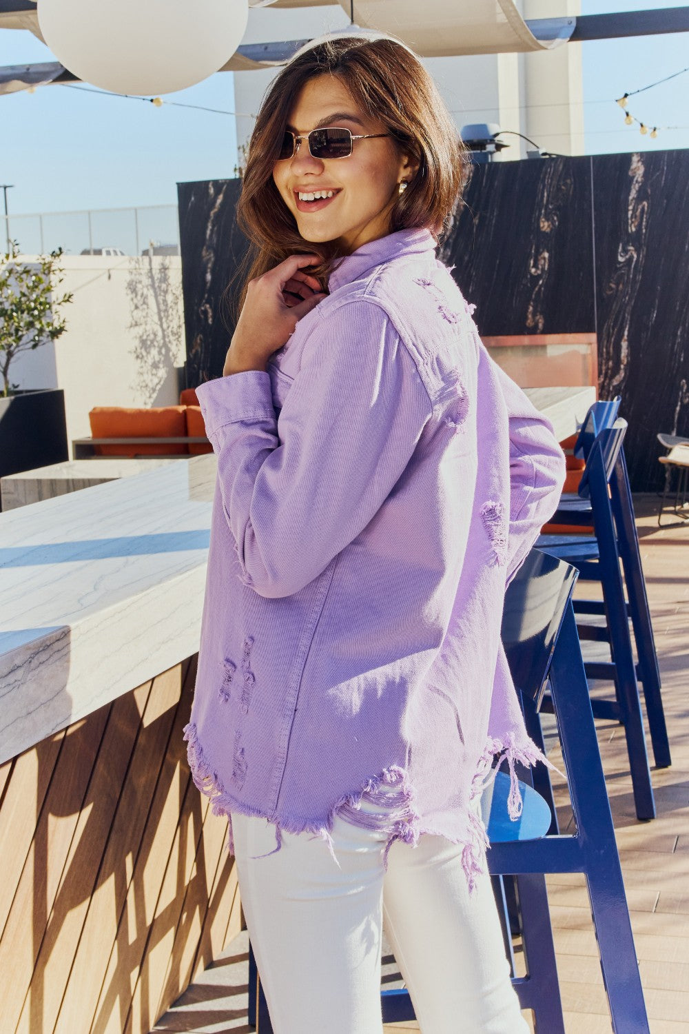 Distressed Denim Jacket in Lavender