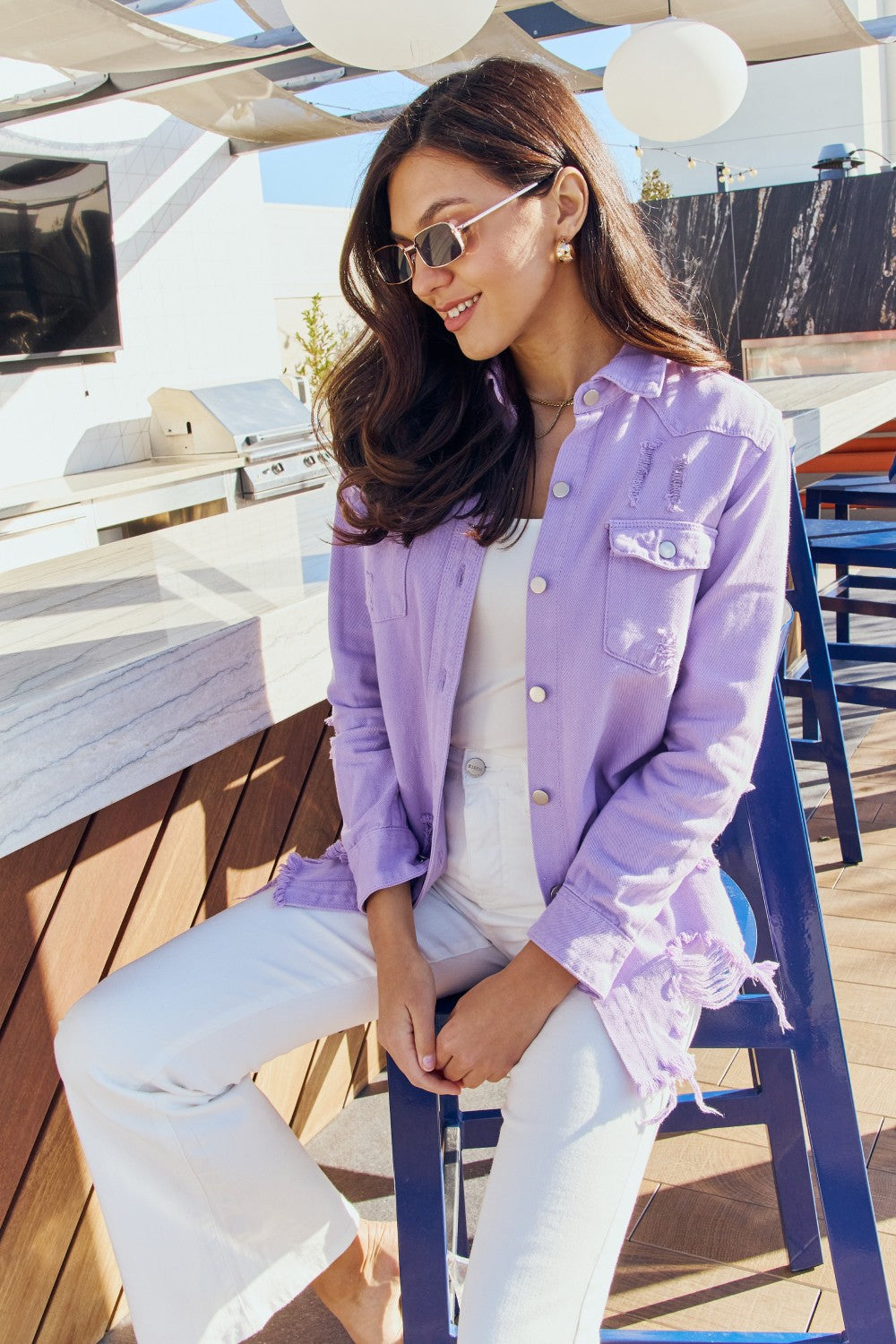 Distressed Denim Jacket in Lavender