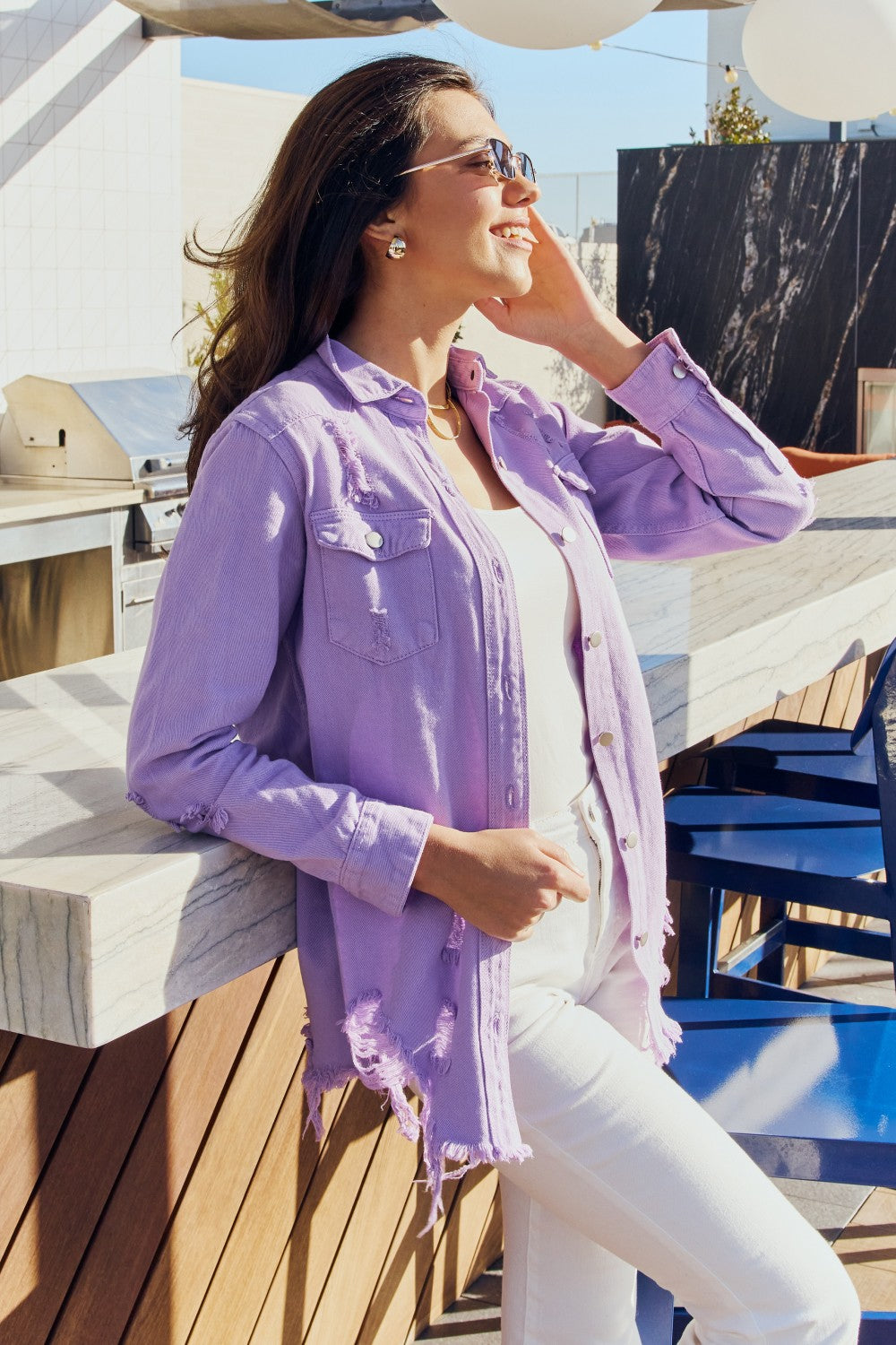 Distressed Denim Jacket in Lavender