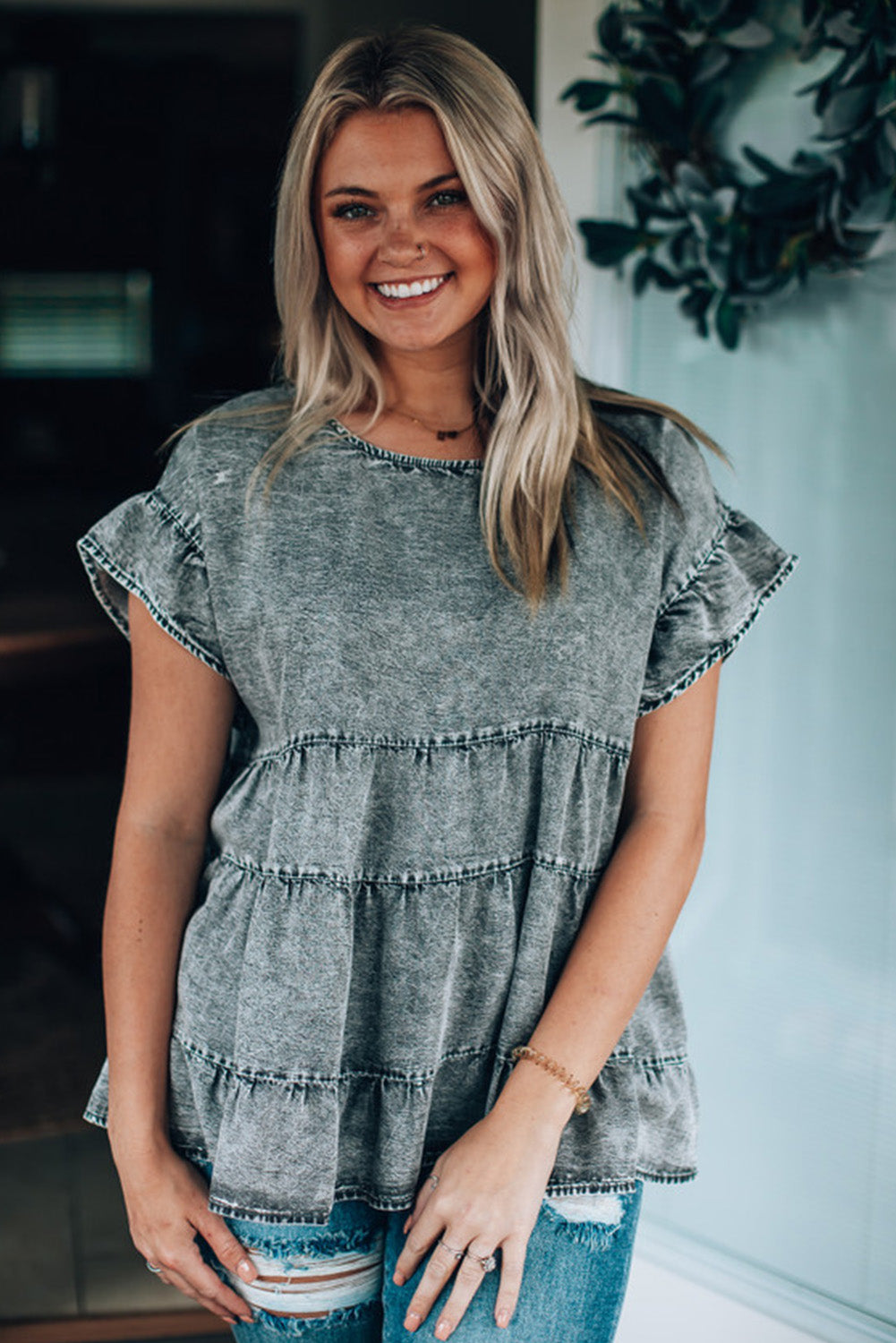 Flutter Sleeves Tiered Denim Top