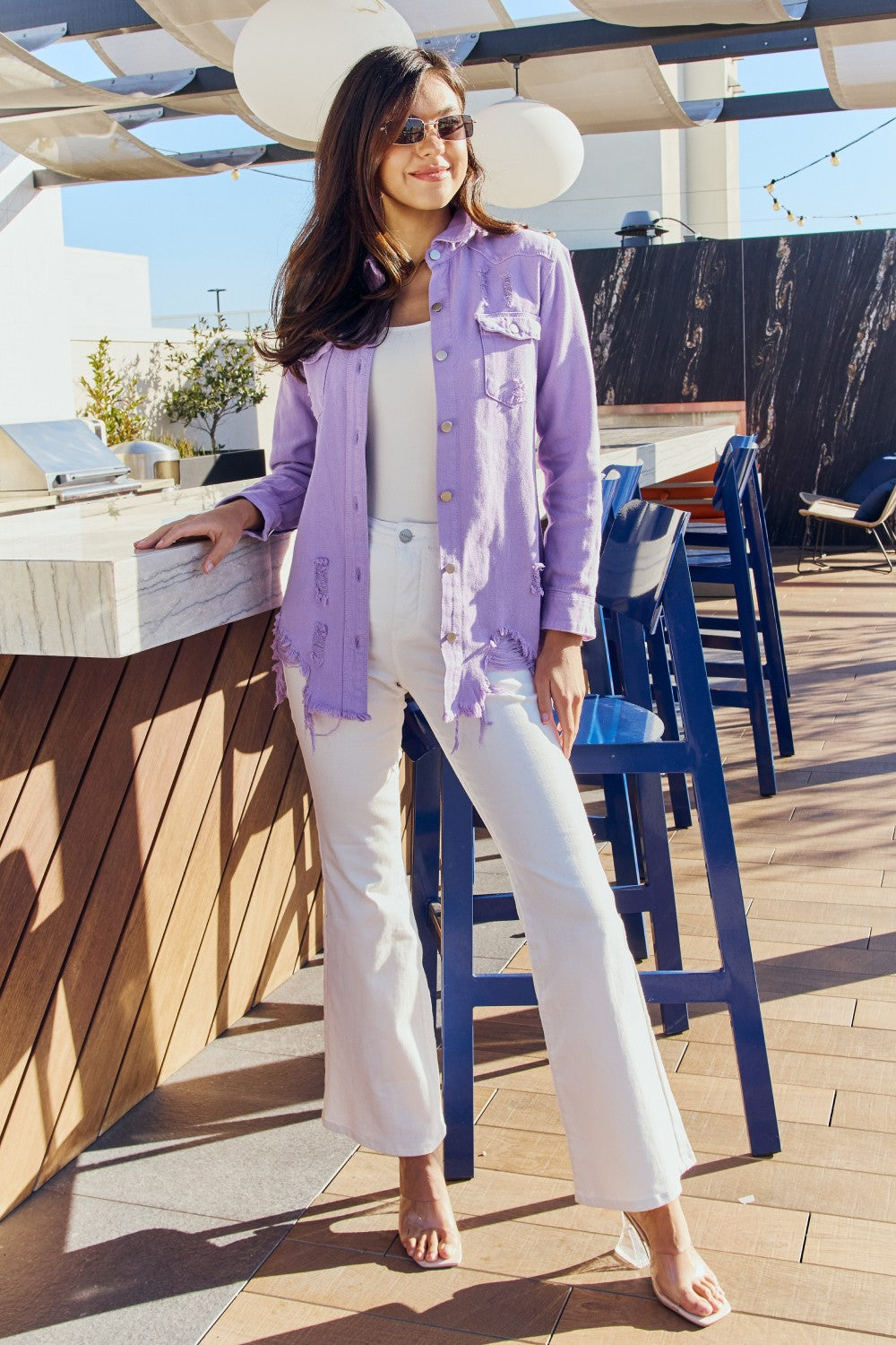 Distressed Denim Jacket in Lavender