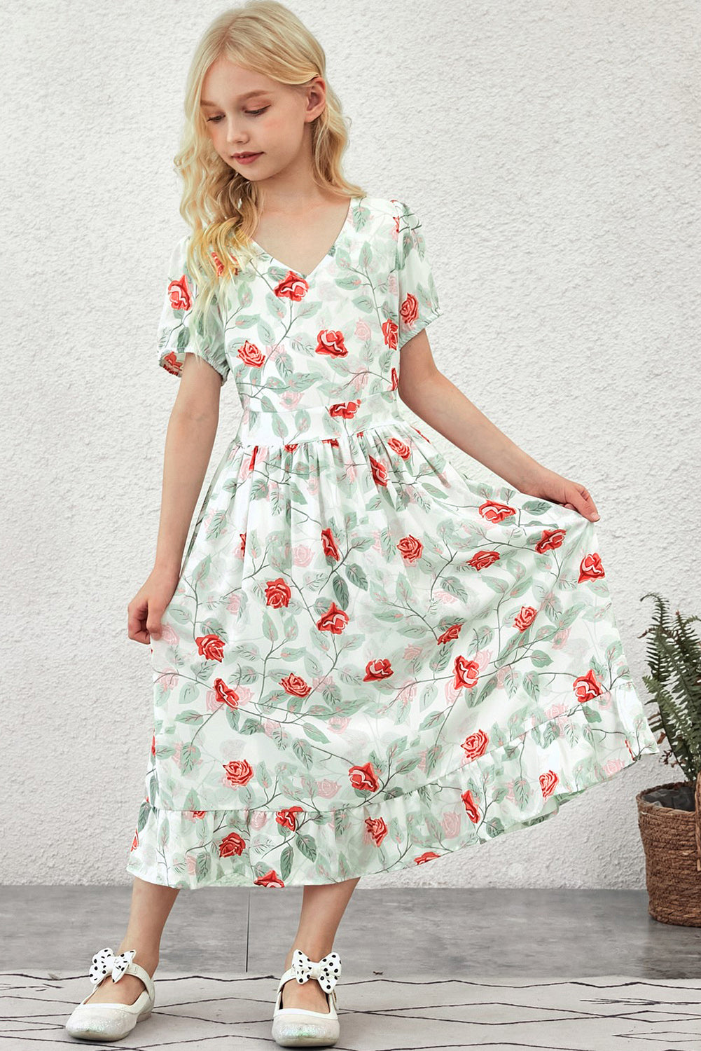 Girls Floral Puff Sleeve Ruffle Hem Dress