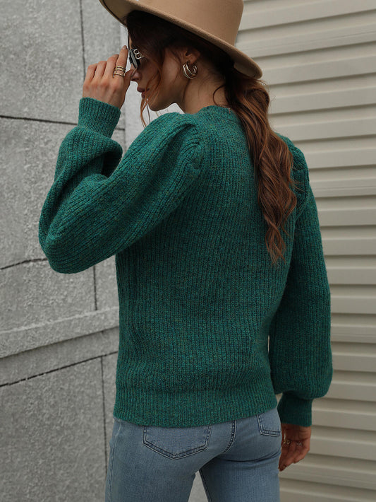 Heathered Lantern Sleeve Rib-Knit Sweater