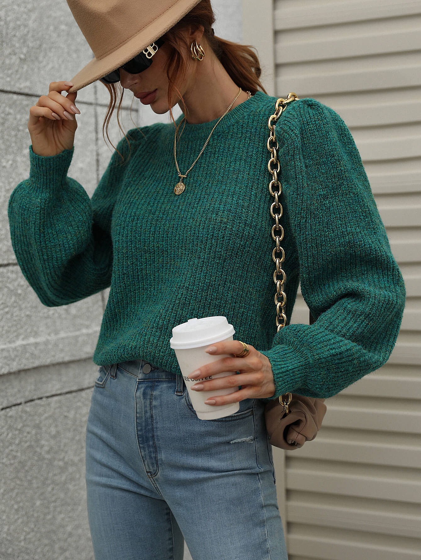 Heathered Lantern Sleeve Rib-Knit Sweater