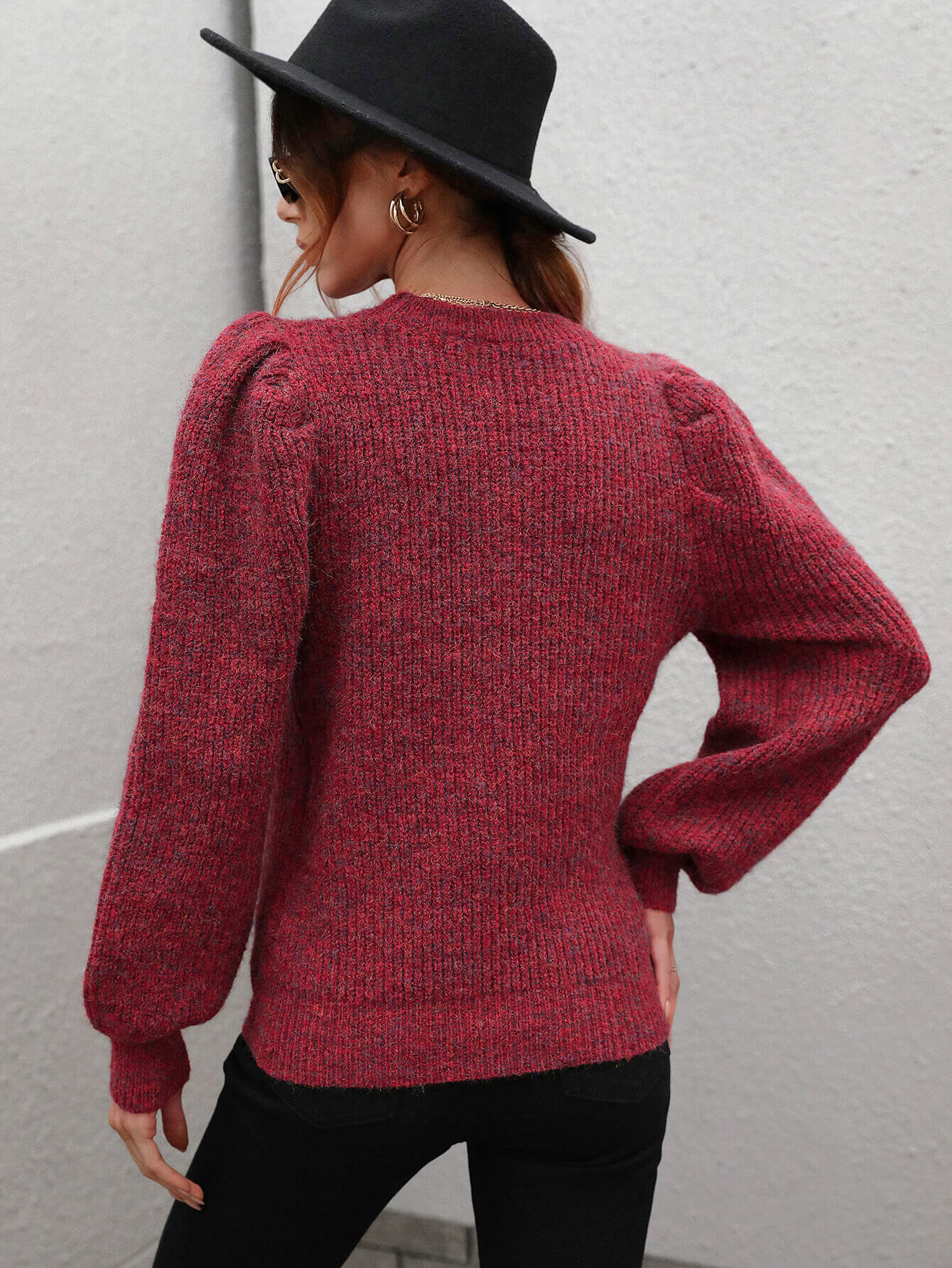 Heathered Lantern Sleeve Rib-Knit Sweater