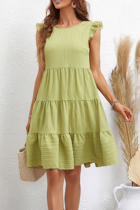 Textured Ruffle Trim Tiered Dress