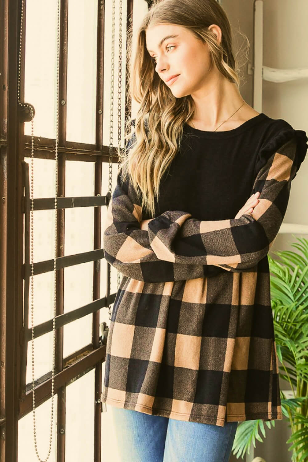 Plaid Contrast Top