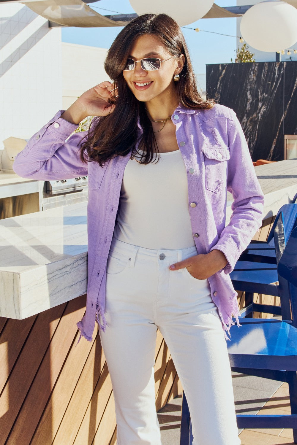 Distressed Denim Jacket in Lavender