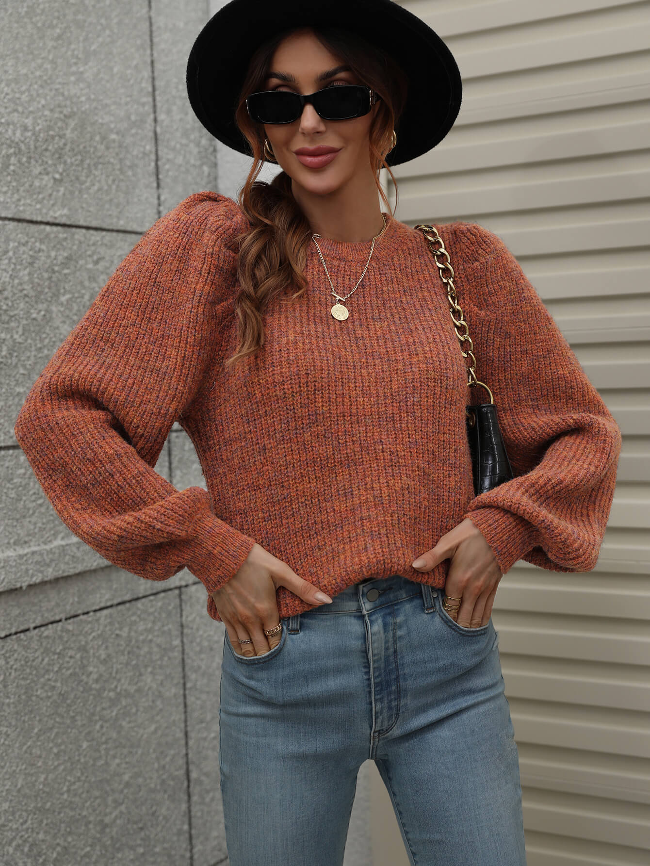 Heathered Lantern Sleeve Rib-Knit Sweater