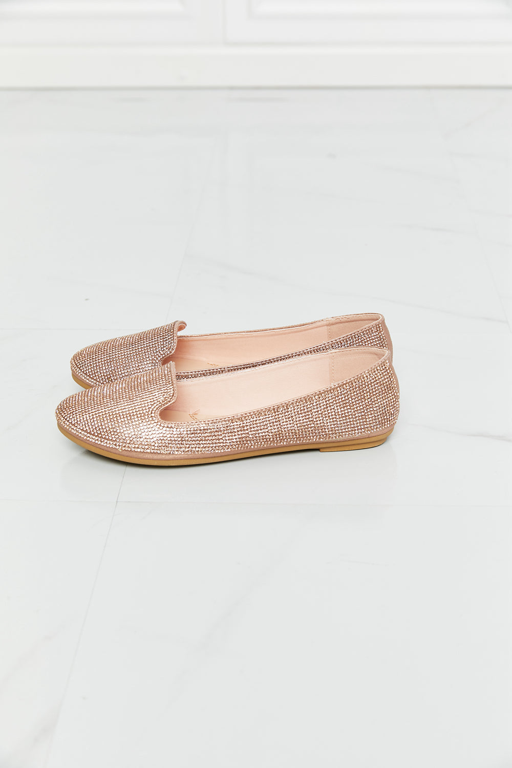 Forever Link Rhinestone Round Toe Flats in Rose Gold