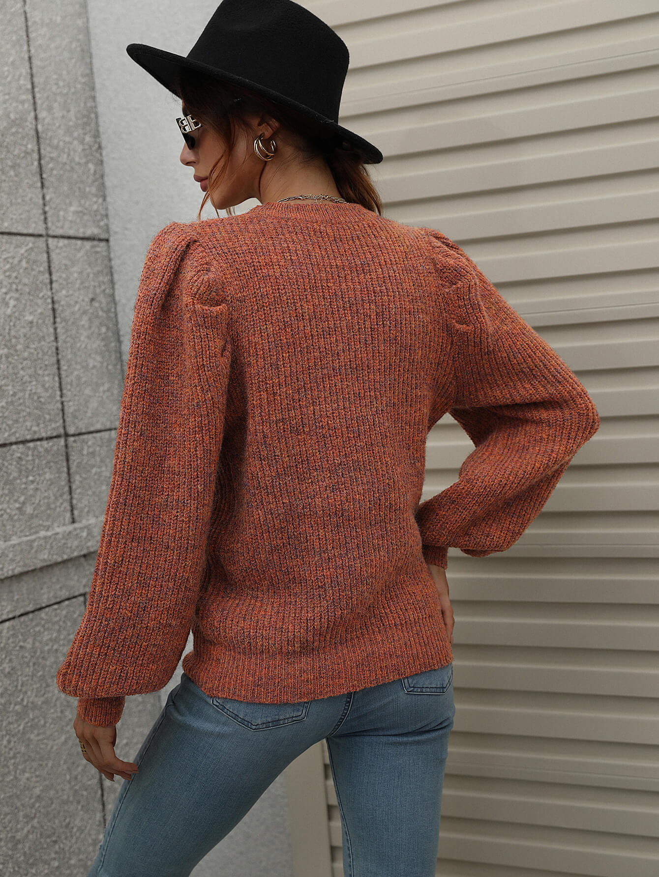 Heathered Lantern Sleeve Rib-Knit Sweater