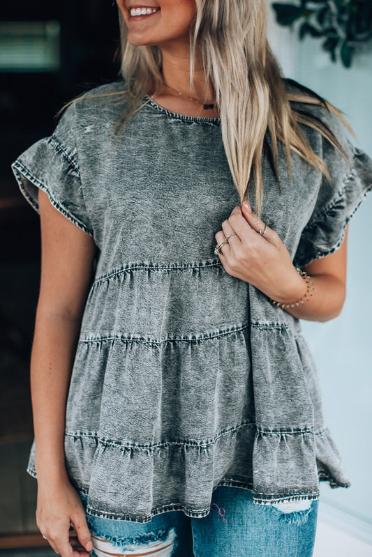 Flutter Sleeves Tiered Denim Top