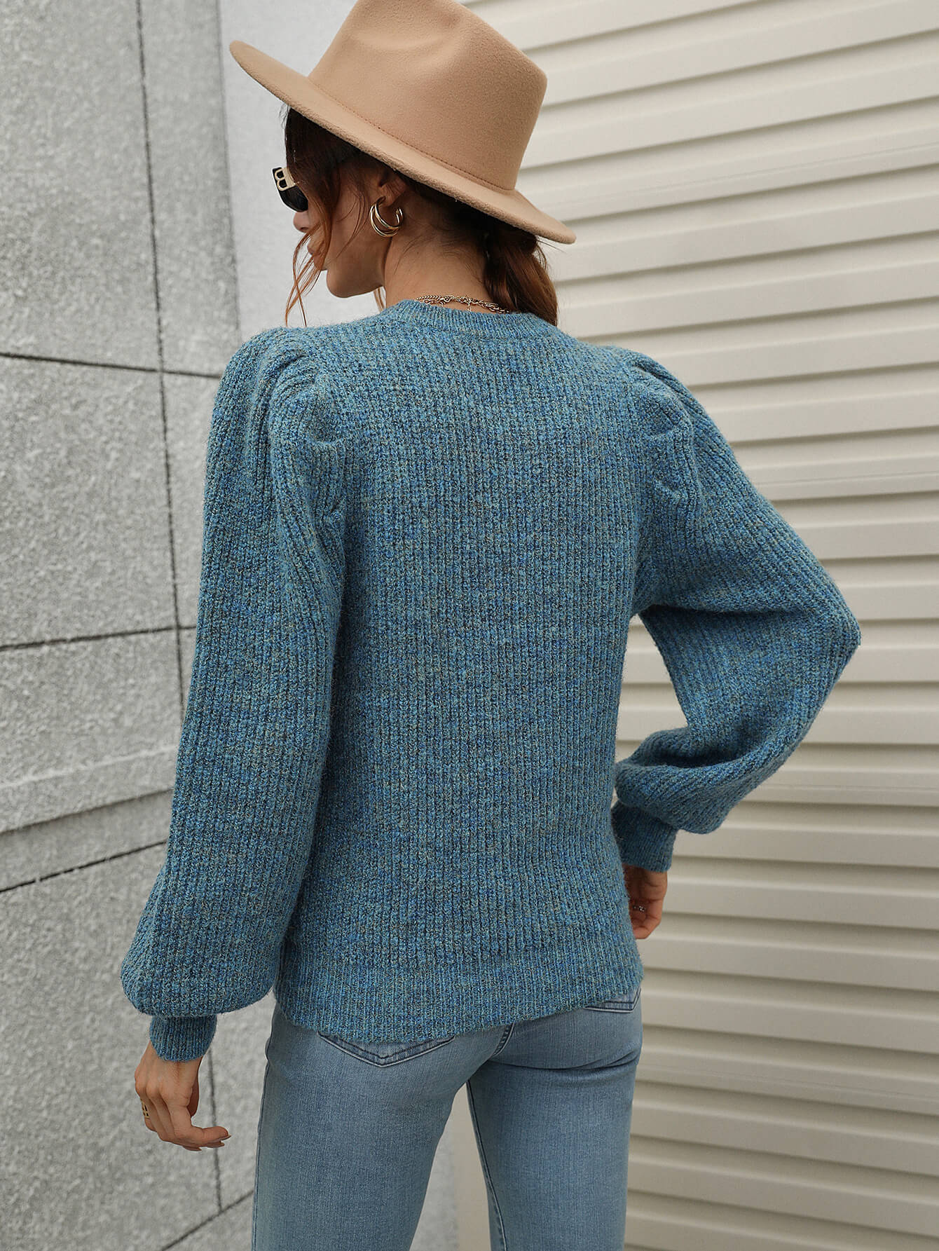 Heathered Lantern Sleeve Rib-Knit Sweater