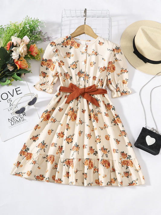 Girls Floral Tied Puff Sleeve Dress