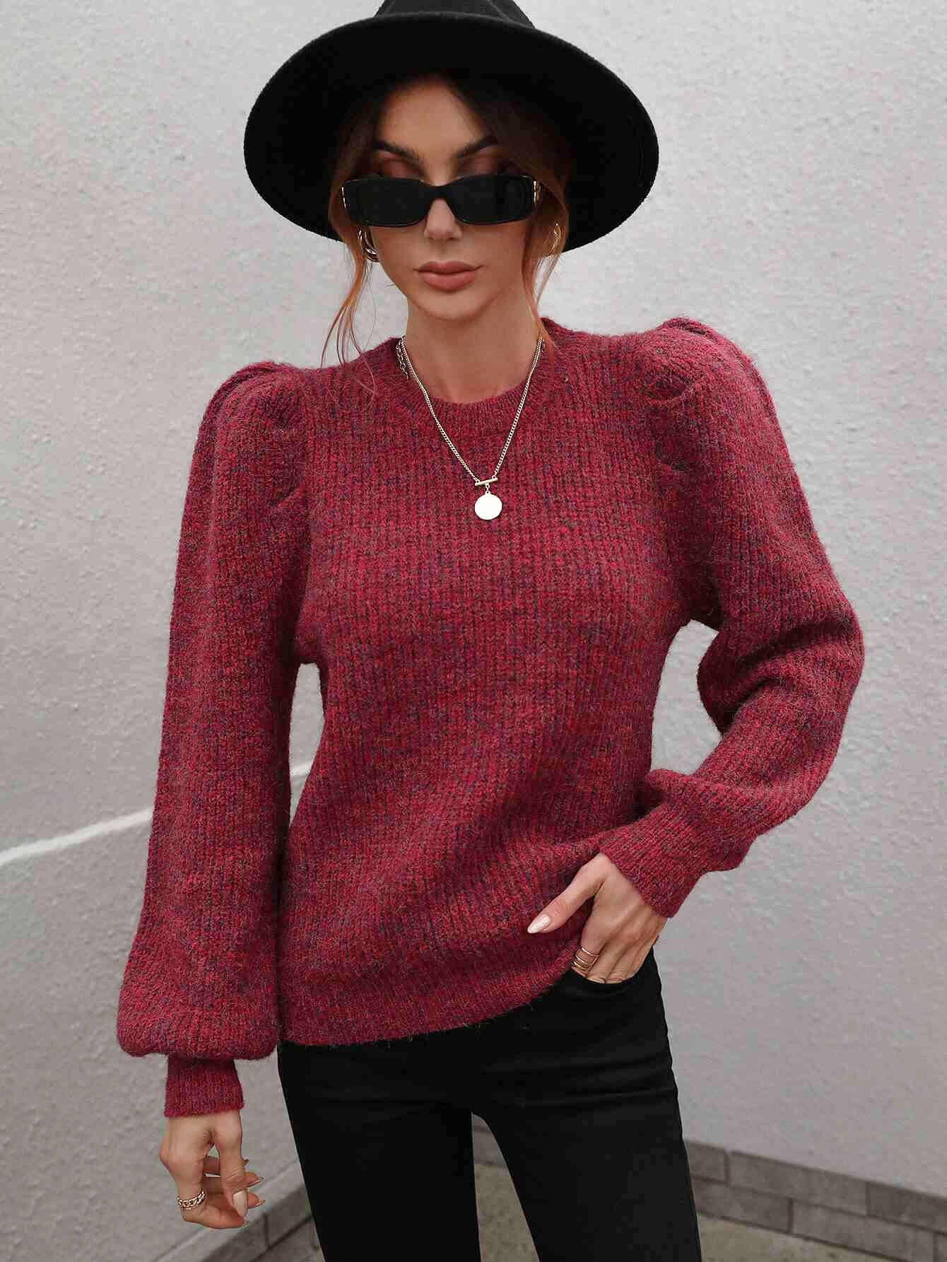 Heathered Lantern Sleeve Rib-Knit Sweater