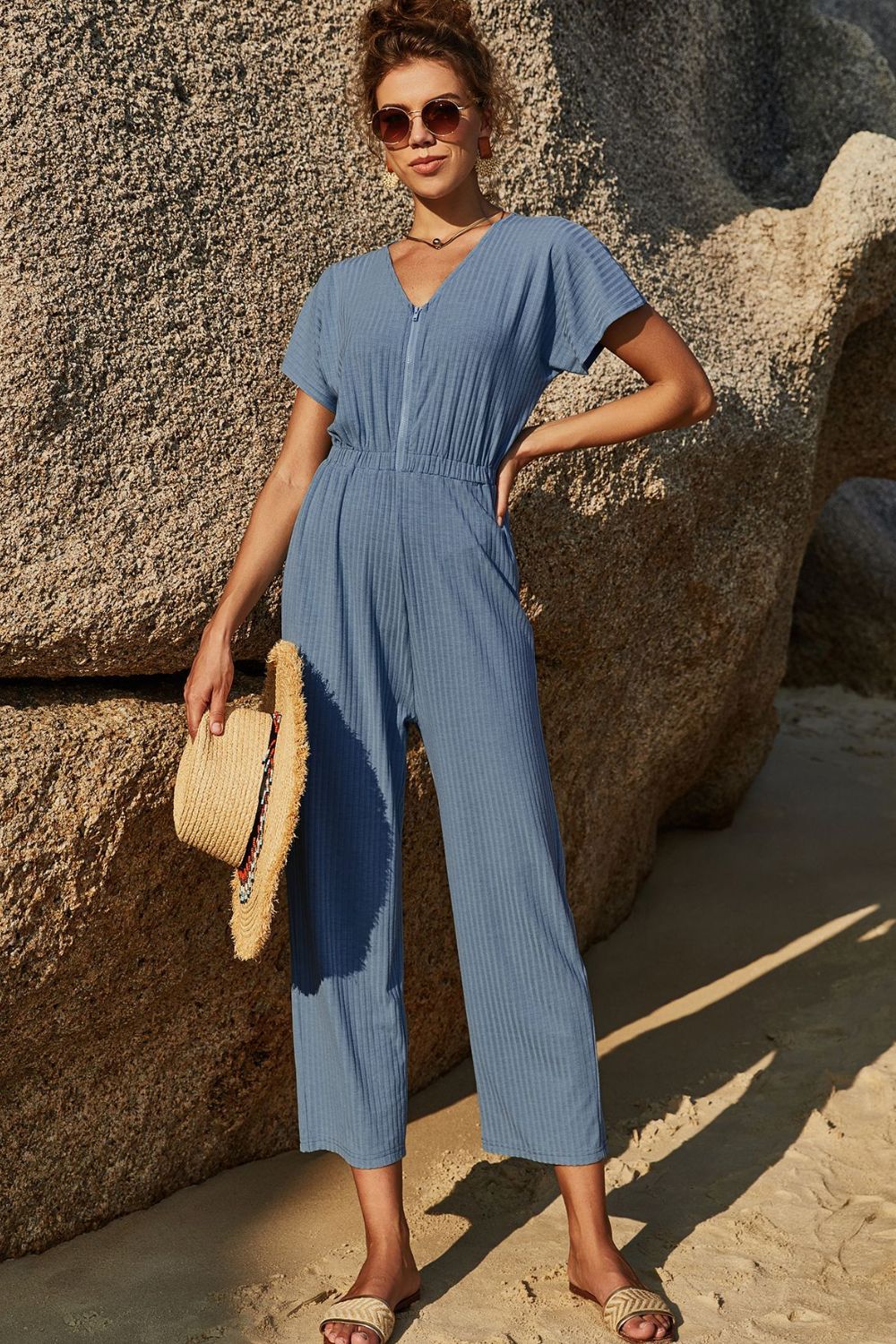 Elastic Waist Zip Up V-Neck Jumpsuit